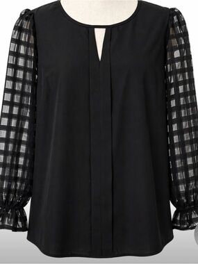 BloomChic Black Blouse Sheer Plaid Puff Sleeve Keyhole Top Size 12 Whimsigoth